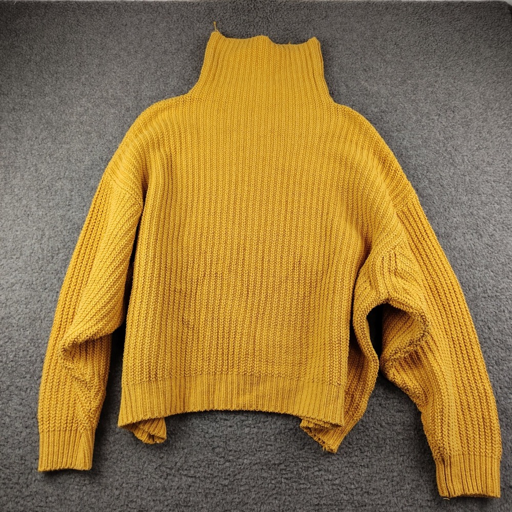 Free People Sweater Womens Large Turtleneck Mustard Yellow Chunky Knit EUC